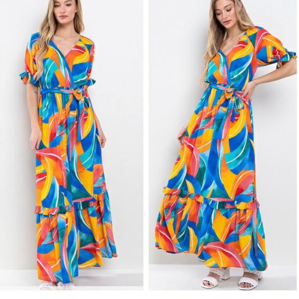 NEW! Ces Femme Multi Color Print Ruffel Detail Boutique Tiered Maxi Dress S